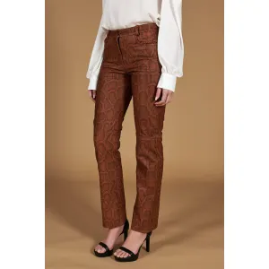 Pantalon cuir plongé marron python print D'Arienzo, Taille S, Couleur Marron