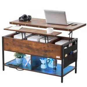 VEVOR Table basse avec plateau relevable, 1000 mm, table basse de salon rectangulaire avec poche de…