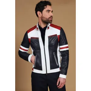 Blouson cuir plongé multicouleur matélassé aux épaules design patch D'Arienzo, Taille 54/XXL, Coule…