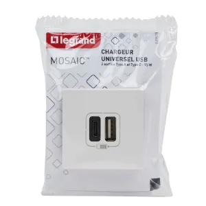 Prise double avec USB C et A, LEGRAND Mosaic, blanc