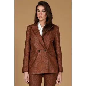 Blazer cuir marron à double boutonnage python print D'Arienzo, Taille S, Couleur Marron